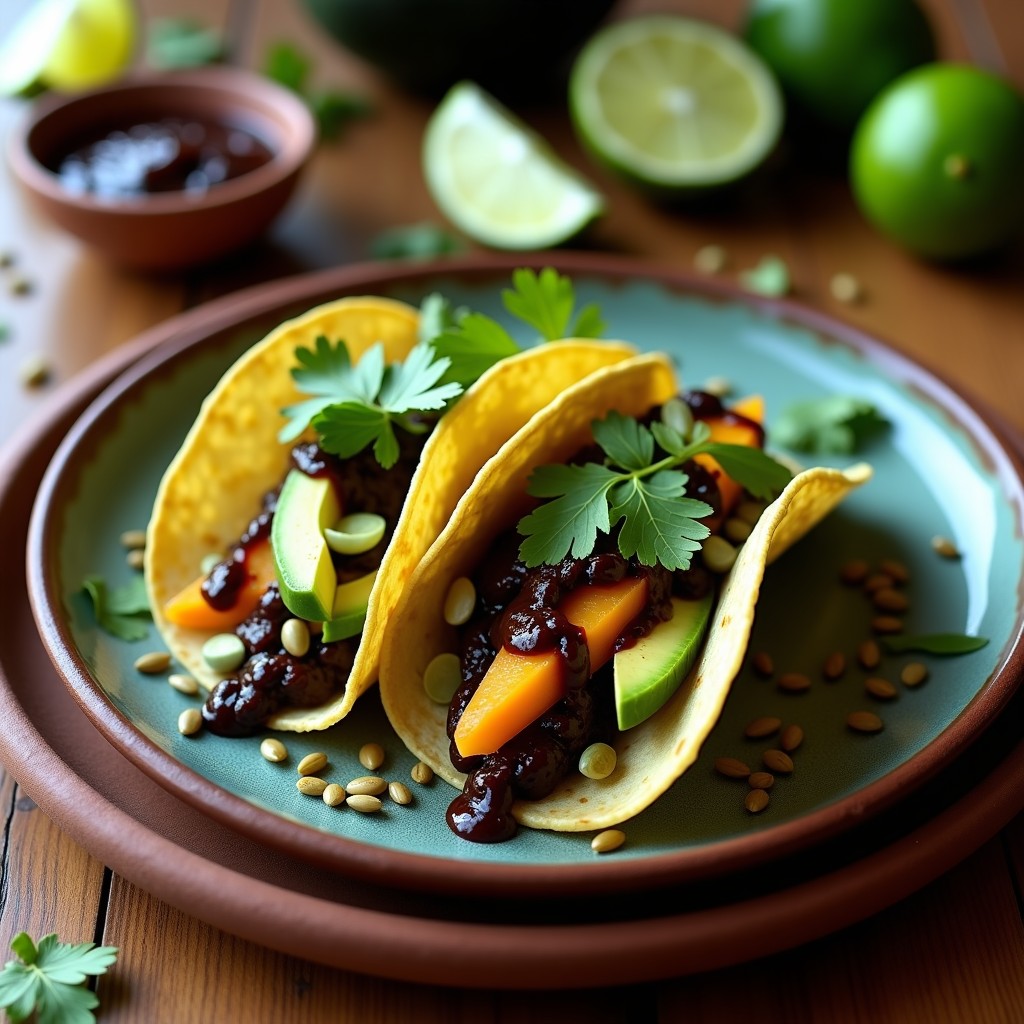 Tacos abiertos de maíz azul rellenos de papaya verde en juliana, jicama crujiente, aguacate y bañados con mole negro espeso, decorados con semillas de calabaza y cilantro fresco sobre un plato de barro rústico.