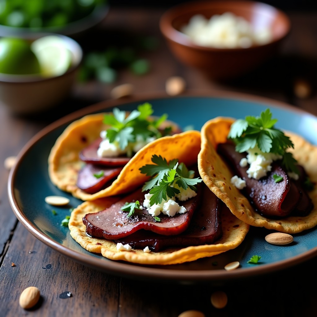Plato de tacos de pato ahumado con salsa de higo negro sobre tortillas de maíz azul, decorados con queso fresco, cilantro y nueces pecanas, servidos en un plato de barro con fondo rústico.
