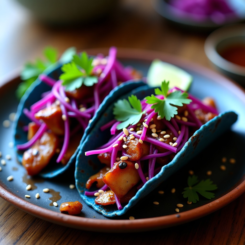 Tacos de maíz azul rellenos de pato glaseado con salsa hoisin, repollo morado encurtido con semillas de sésamo, cebolla morada y cilantro fresco, servidos en un plato de barro con decoración rústica, receta fusion china-mexicana en airfryer.