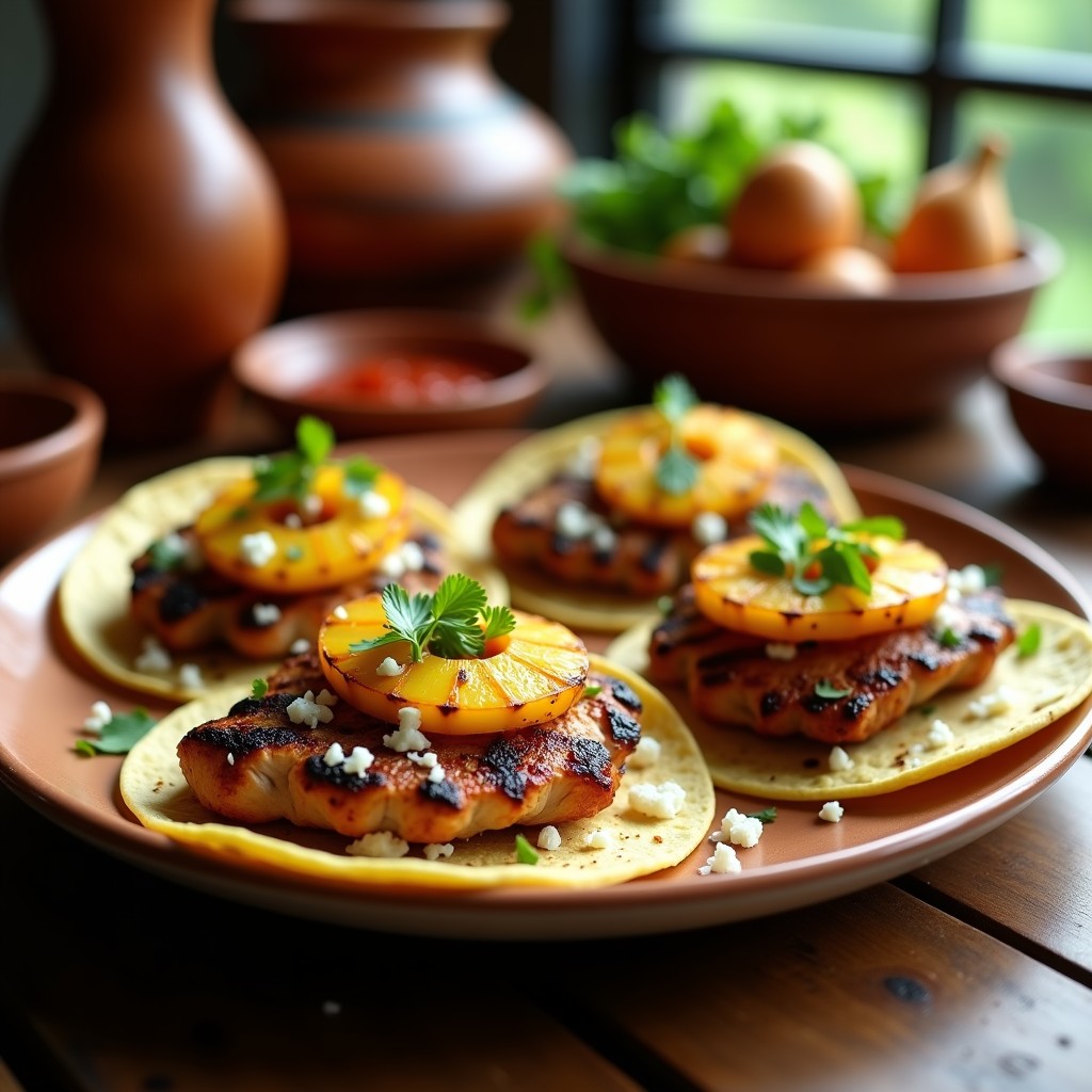 Plato de tacos abiertos con pechuga de pollo ahumada en tiras, piña asada caramelizada, cebolla morada picada, cilantro fresco y queso desmenuzado sobre tortillas de maíz doradas, receta fusión rápida.