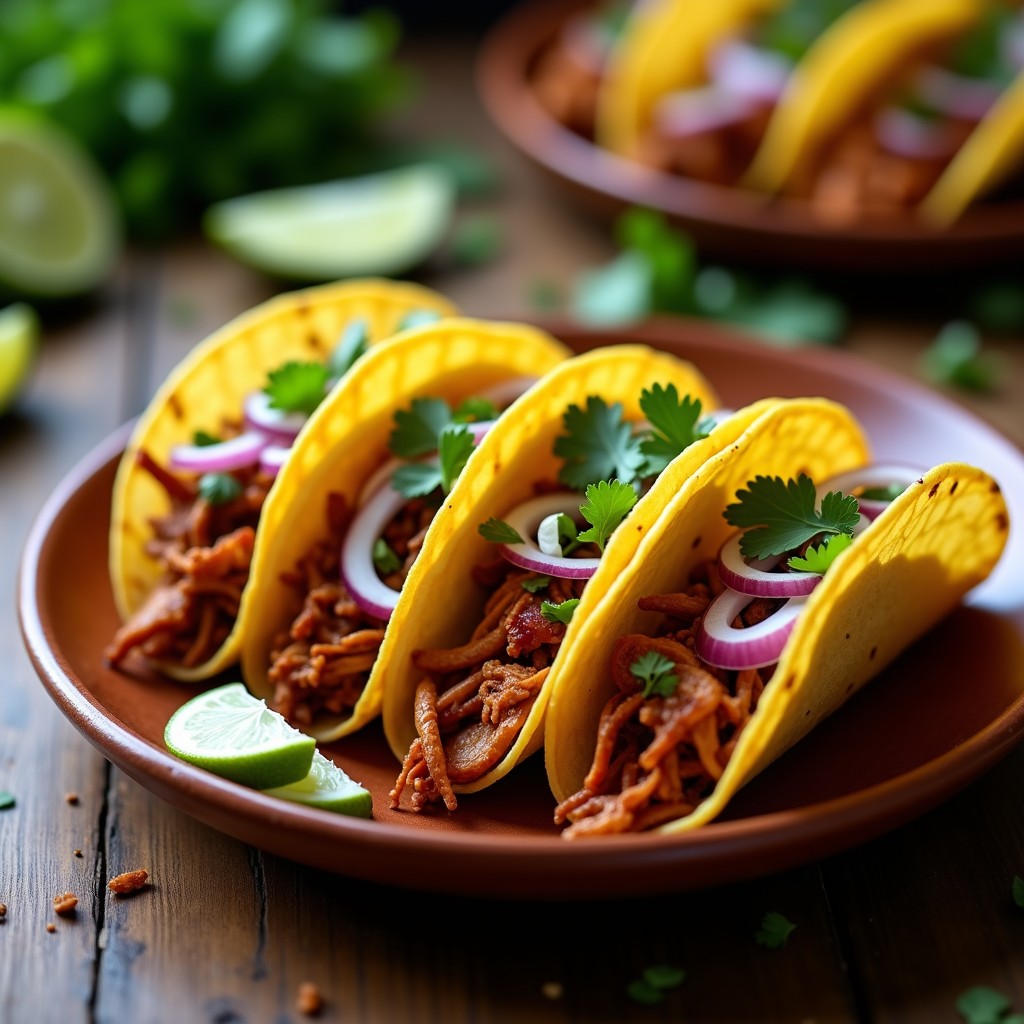 Tacos de maíz rellenos de pechuga de pollo desmenuzada con chipotle, cebolla morada, cilantro y crema agria, servidos en plato de barro con gajos de limón al lado.