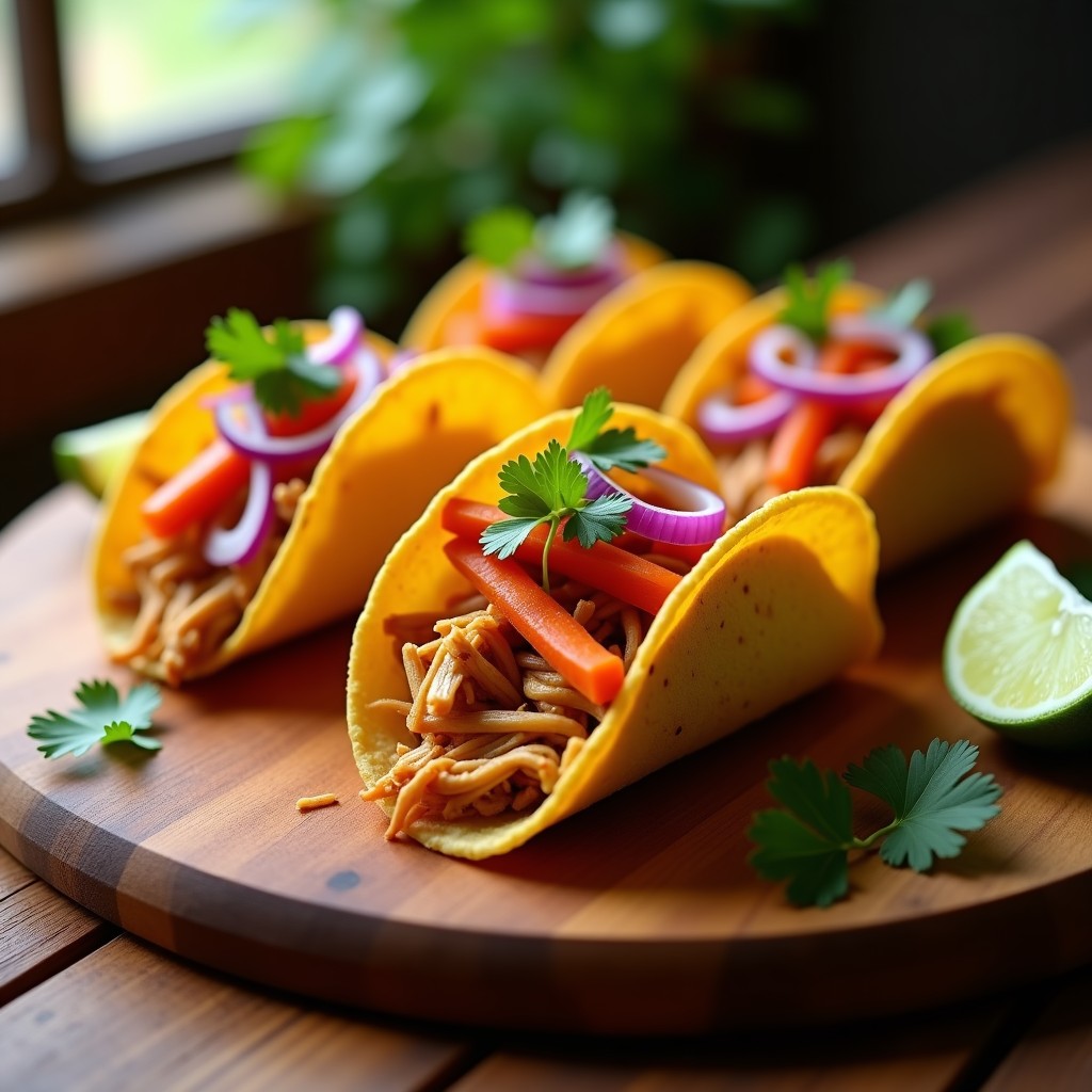 Tacos de pechuga desmenuzada dorada en airfryer, servidos en tortillas de maíz con encurtidos de cebolla morada y zanahoria, cilantro fresco y limón, sobre una tabla de madera rústica.