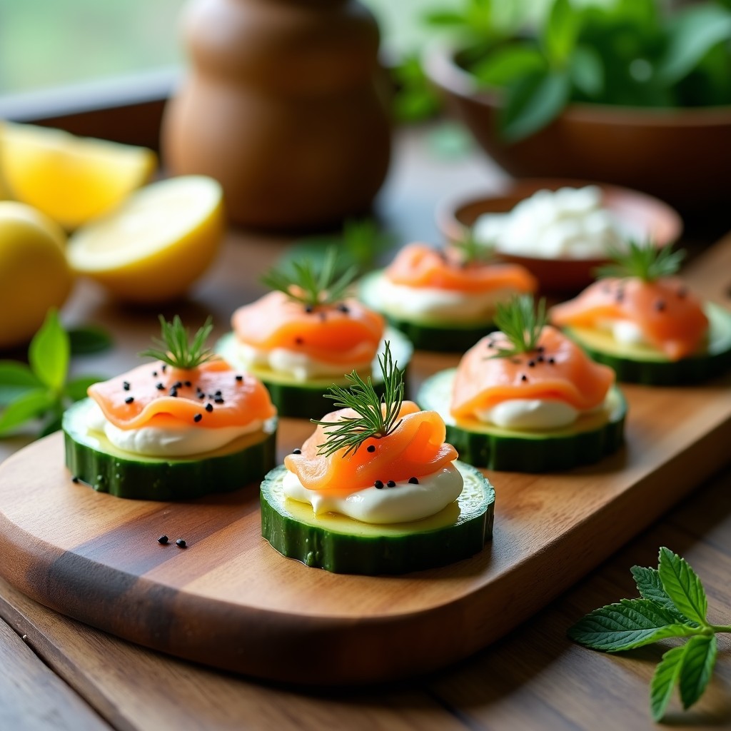 Tacos de pepino fresco rellenos de salmón ahumado en láminas y queso crema con hierbas, decorados con semillas de sésamo negro y hojas de menta, presentados en una bandeja de madera rústica con fondo borroso.