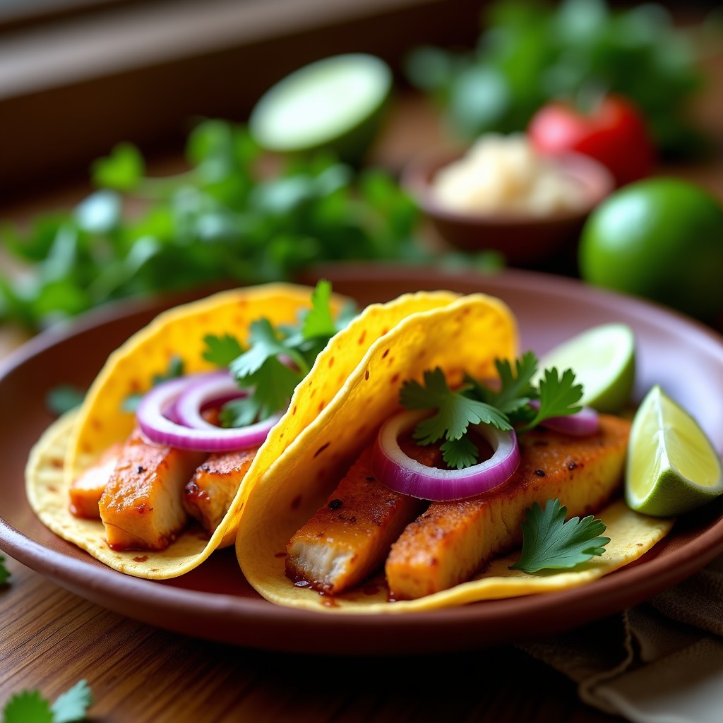 Plato de tacos de pescado ahumado al adobo de chipotle, con tortillas de maíz rellenas de pescado desmenuzado, cebolla morada, cilantro y salsa cremosa de yogur y chipotle, servidos en un plato rústico de barro con rodajas de limón.