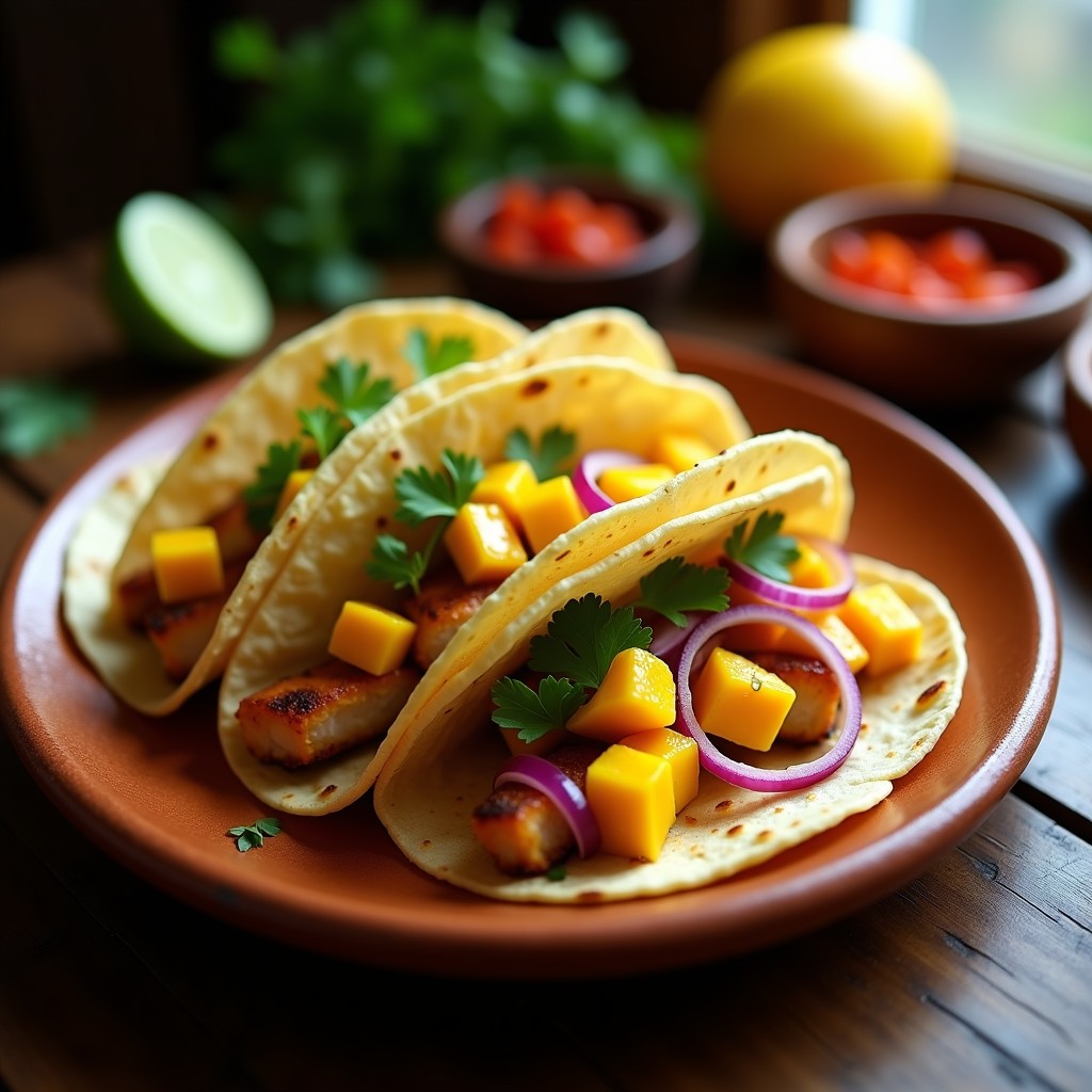 Tacos de maíz abiertos sobre un plato de barro, rellenos de tiras de pescado ahumado dorado, cubos de mango fresco, cebolla morada y cilantro, con un toque de salsa picante de habanero.