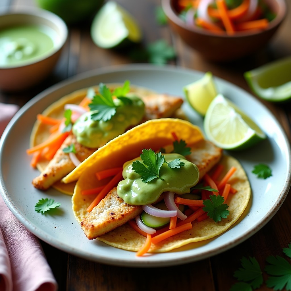 Plato de tacos de pescado estilo Bahía con filetes dorados de merluza, encurtidos de cebolla morada, pepino y zanahoria, salsa verde cremosa y cilantro fresco sobre tortillas de maíz, acompañados de limón.