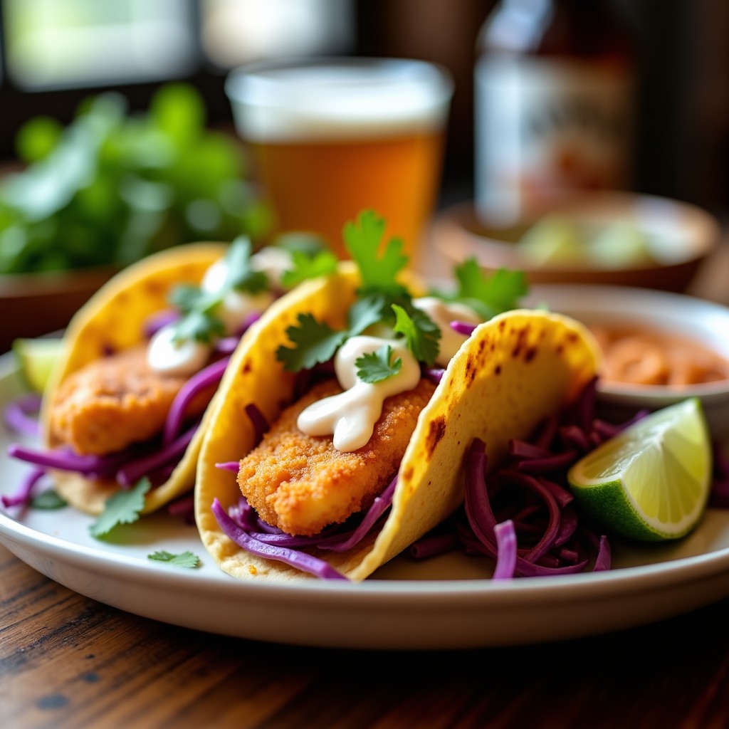Tacos de pescado a la Baja estilo enchilado servidos en tortillas de maíz, bañados en salsa chipotle cremosa, con repollo morado, cebolla blanca y cilantro fresco.
