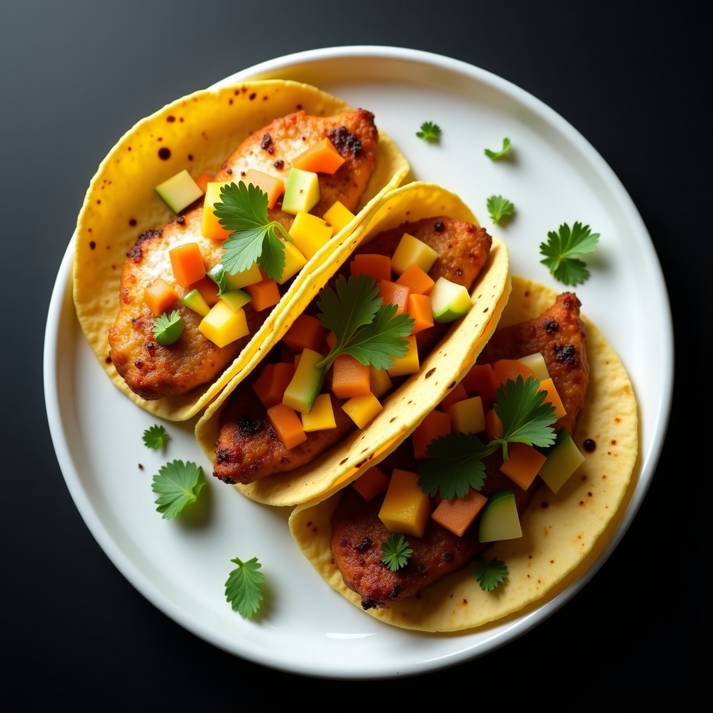 Tacos de pescado estilo Baja con salsa cremosa de aguacate y mango picante, lista para servir