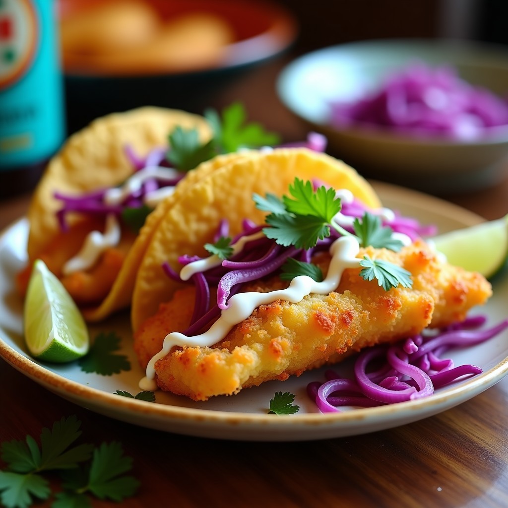 Plato de tacos de pescado a la Baja con tempura dorada y crujiente, rellenos de repollo morado, cebolla y cilantro, bañados en salsa cremosa, sobre tortillas de maíz.