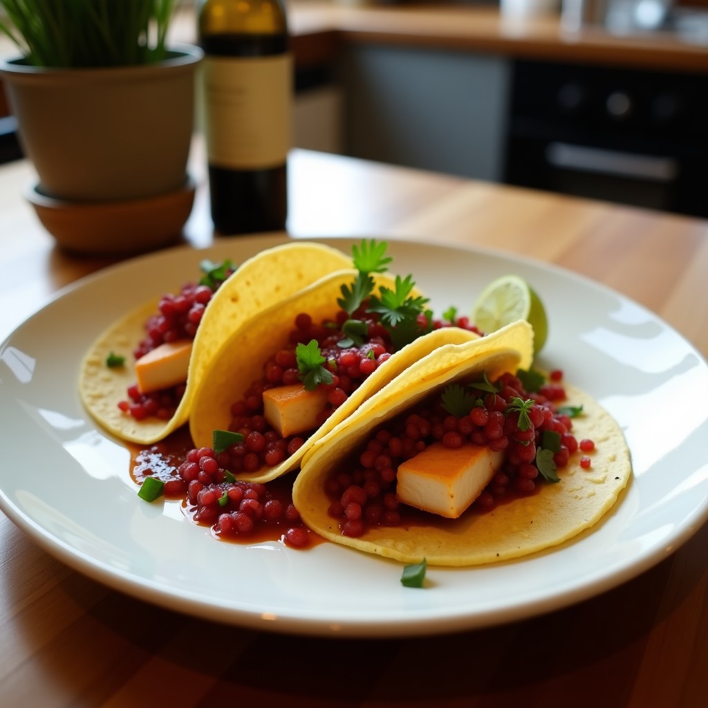 Tacos de pescado blanco dorado al adobo de achiote en tortillas de maíz azules, acompañados de repolio morado encurtido y cilantro fresco, servidos en un plato rústico de barro.