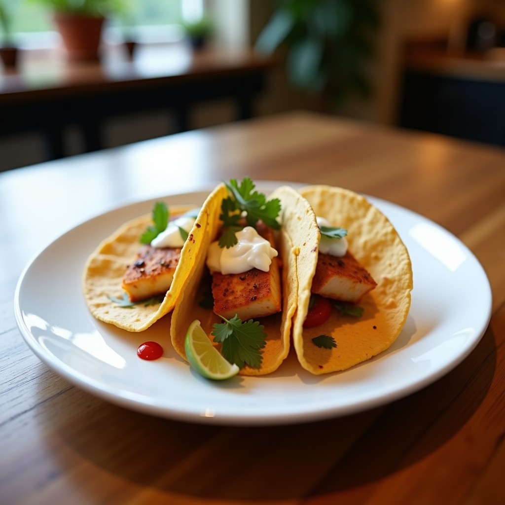 Tacos de pescado blanco horneado con empanizado dorado, servidos en hojas de lechuga romana, acompañados de col morada en juliana y salsa cremosa de yogur griego con cilantro. Plato fresco, colorido y bajo en carbohidratos.