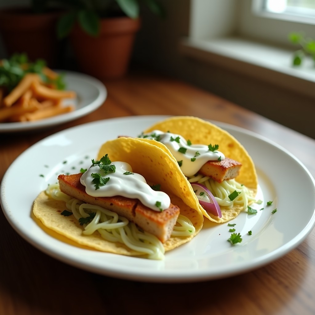Tacos de pescado blanco dorado y crujiente en tortillas de maíz, acompañados de col rizada verde oscura y aderezo cremoso de yogur de coco. Plato colorido y fresco con toques mexicanos, servido en un plato de barro rústico.