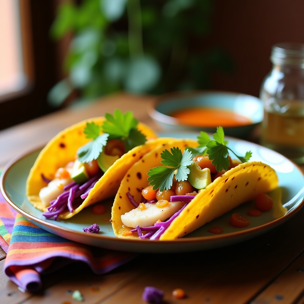 Plato de tacos de pescado blanco en escabeche sobre tortillas de maíz, acompañados de repollo morado, aguacate y cilantro fresco, con un fondo rústico de madera.