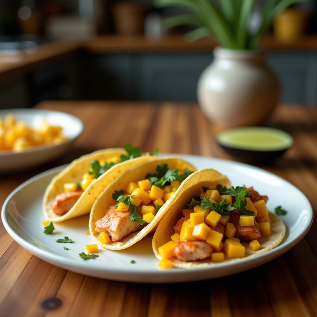 Tacos de pescado blanco desmenuzado sobre tortillas de maíz, cubiertos con repelado fresco de mango en juliana, cebolla morada y habanero, acompañados de yogur griego y cilantro. Plato colorido y vibrante con toques picantes y dulces, típico de la cocina mexicana light.
