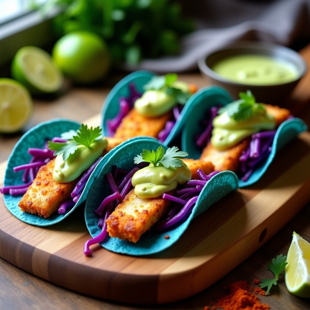 Plato de tacos de pescado blanco crujiente en tortillas de maíz azul, acompañados de repollo morado vibrante y crema de aguacate verde, servidos en una tabla de madera rústica con rodajas de limón y cilantro fresco.