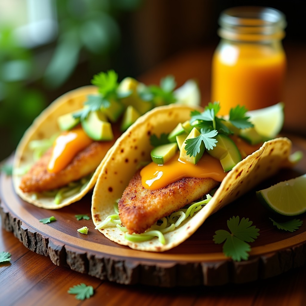 Tacos de pescado blanco empanizado y dorado en Airfryer, servidos en tortillas de maíz con repollo morado rallado y bañados en salsa de maracuyá de color amarillo vibrante. Plato con toques de cilantro fresco sobre fondo rústico de madera.