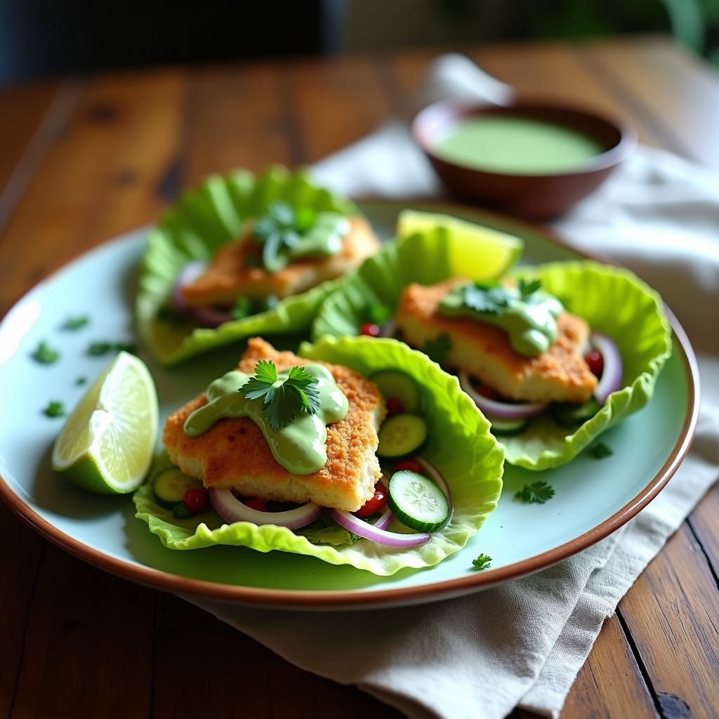 Tacos de pescado blanco y salsa verde bajos en carbohidratos servidos en hojas de lechuga romana, con trozos de pescado dorado, cebolla morada, pepino y salsa verde cremosa de aguacate, acompañados de rodajas de limón.