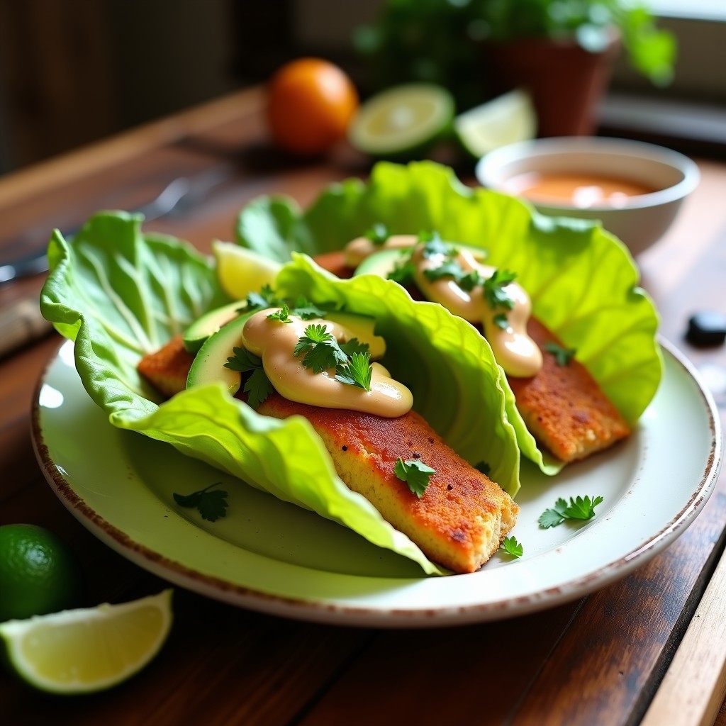 Tacos de pescado empanizado con harina de almendra, dorados y crujientes, servidos en hojas de lechuga romana con láminas de aguacate, salsa de chipotle cremosa y cilantro fresco picado, receta keto en airfryer.