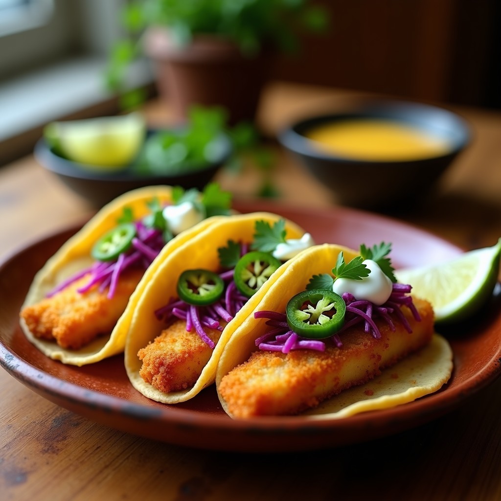 Tacos de pescado encurtido dorado en airfryer, con cebolla morada, jalapeño y cilantro fresco sobre tortillas de maíz, servidos en plato rústico de barro con limón al lado.