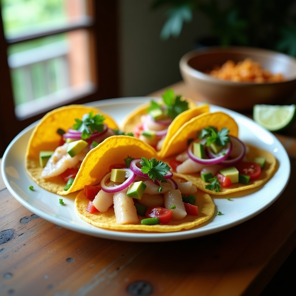 Plato de tacos abiertos de pescado encurtido con cebolla morada, aguacate y cilantro, servidos en tortillas de maíz sobre una mesa de madera rústica.
