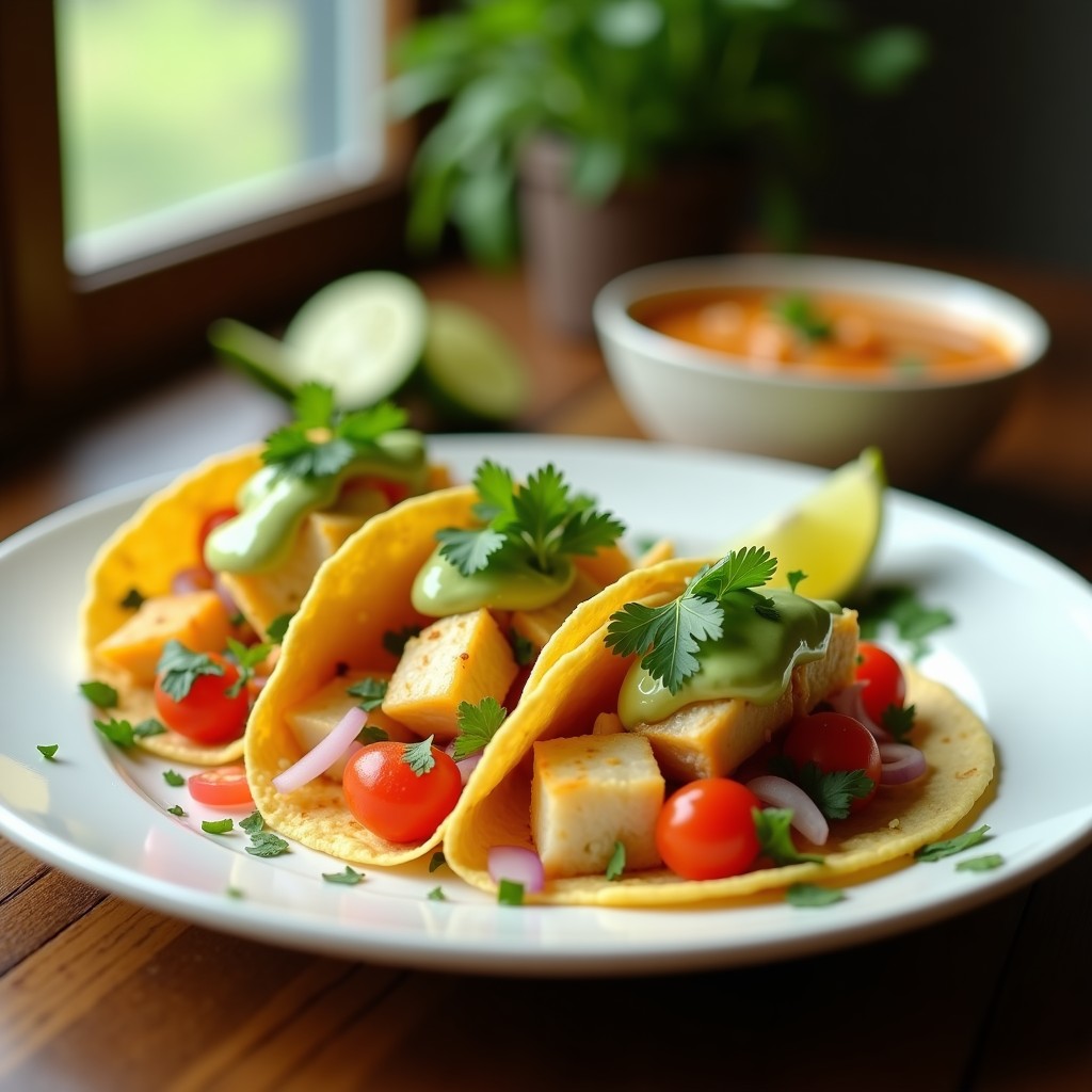 Plato de tacos de pescado encurtido en tortillas de maíz, con trozos de merluza blanca, cebolla morada, tomate cherry, cilantro fresco y salsa cremosa de aguacate, decorados con rodajas de limón verde.