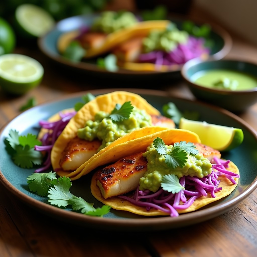 Plato de tacos de pescado encurtido con lima en tortillas de maíz, acompañados de salsa verde cremosa, cebolla morada, repollo y aguacate, sobre una mesa rústica de madera.