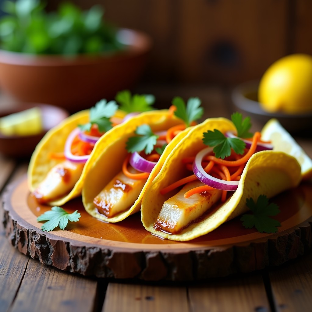 Plato de tacos de pescado encurtido con limón ahumado, servidos en tortillas de maíz con cebolla morada, zanahoria y cilantro fresco.