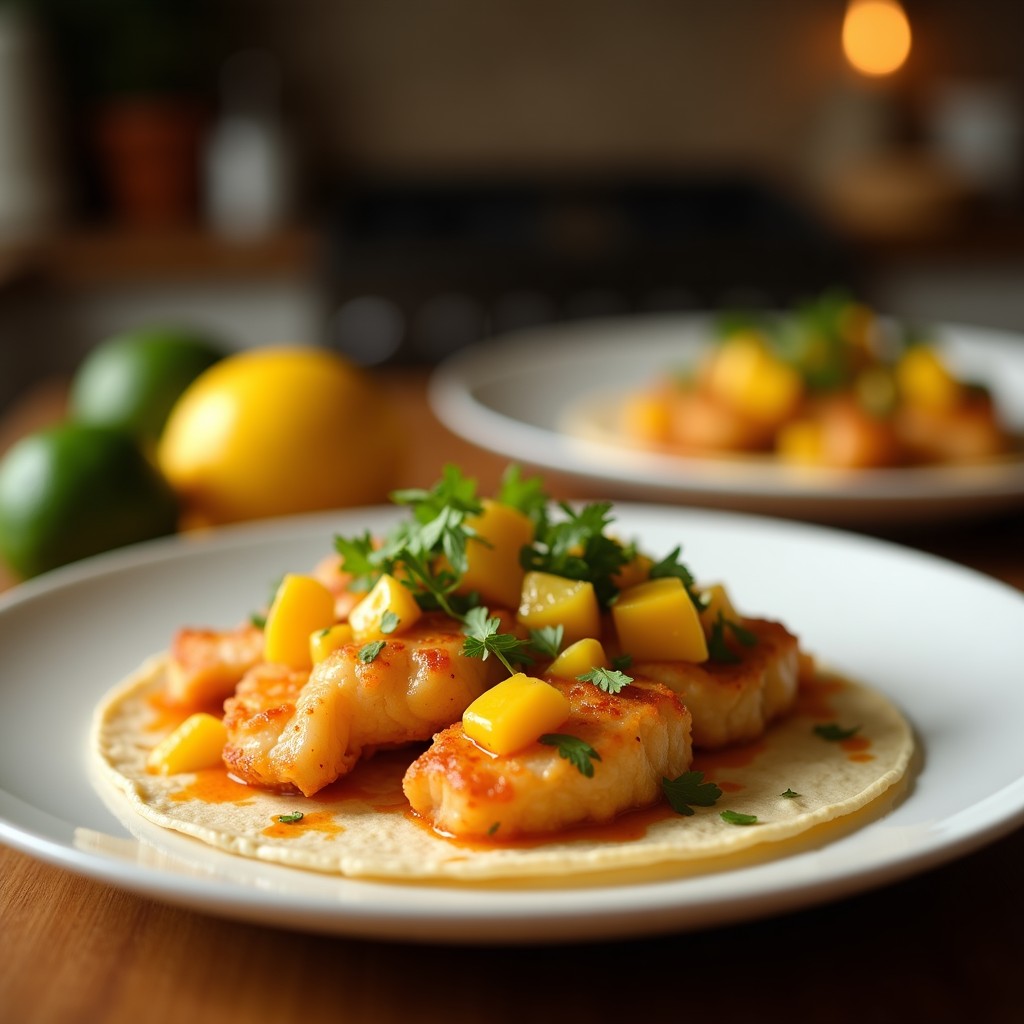 Plato de tacos de pescado encurtido con mango habanero, servidos en tortillas de maíz con lechuga morada y aguacate, receta fresca y picante.