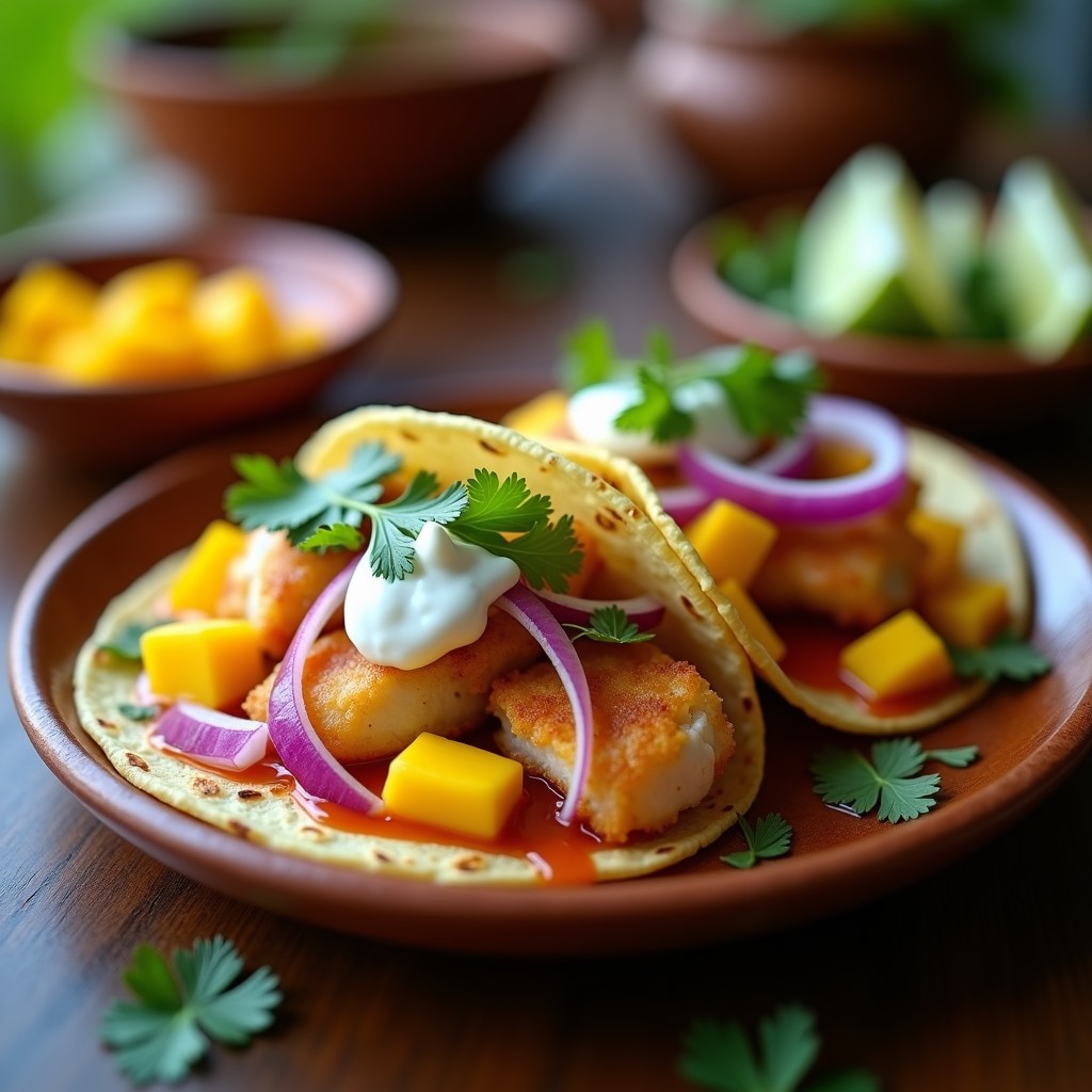 Tacos de pescado encurtido con mango servidos en tortillas de maíz, con trozos de mango amarillo, cebolla morada, cilantro fresco y crema agria, sobre un plato de barro rústico.