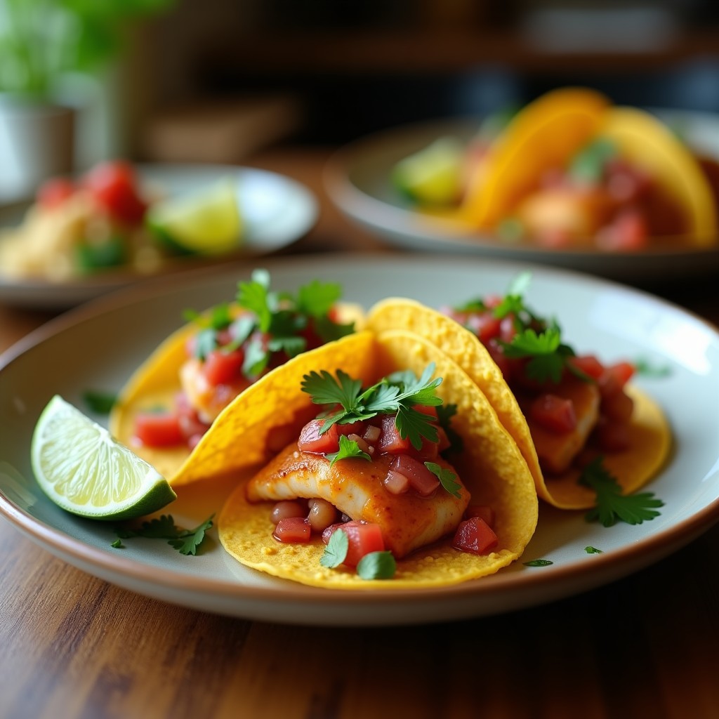 Tacos de pescado crujiente en tortillas de maíz con encurtido de zanahoria morada, cilantro fresco, semillas de sésamo y hojas de lechuga morada, servidos en un plato de ceramicá blanca con fondo de cocina tailandesa.