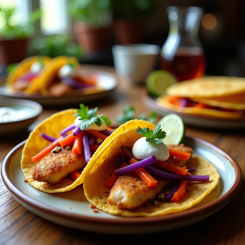 Plato con tacos de pescado crujiente en tortillas de maíz, acompañados de encurtidos morados y naranjas, crema agria y cilantro fresco, receta airfryer.
