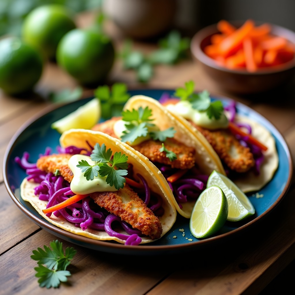 Plato de tacos de pescado frito con encurtidos de col morada, cebolla y zanahoria, servidos en tortillas de maíz azules con crema de aguacate y cilantro fresco.
