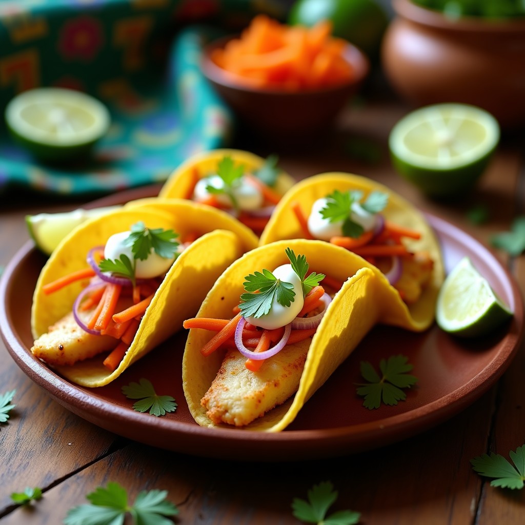 Plato de tacos de pescado dorado con encurtidos de habanero, cebolla morada y zanahoria en juliana, crema ácida y cilantro fresco sobre tortillas de maíz, receta mexicana picante.