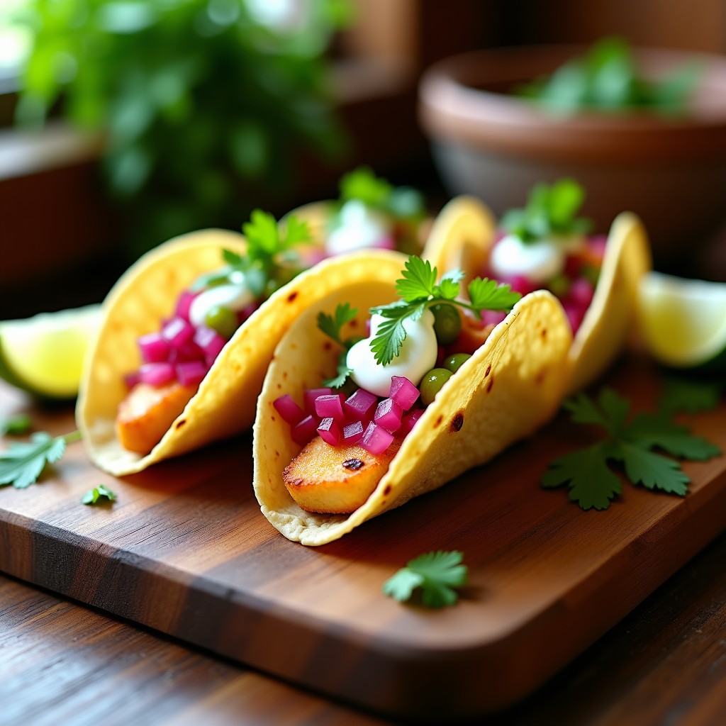 Tacos de maíz abiertos rellenos de filetes de pescado dorado y crujiente, encurtidos de cebolla morada y jitomate verde con limón, crema agria y cilantro fresco sobre una tabla de madera rústica con rodajas de limón al fondo.