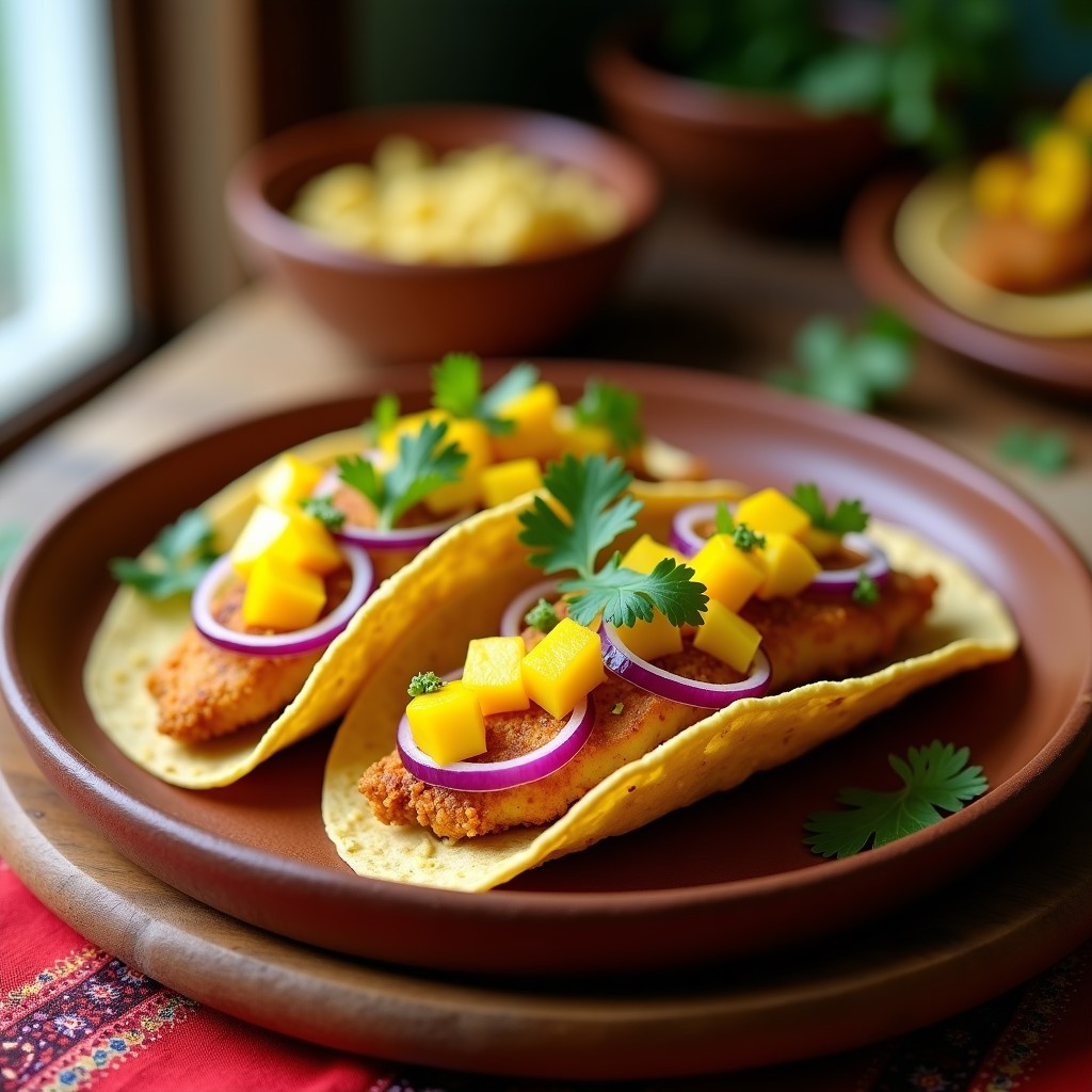 Tacos de pescado crujiente en tortillas de maíz con encurtidos de mango y cebolla morada, decorados con cilantro fresco, servidos en un plato de barro con fondo de madera rústica.