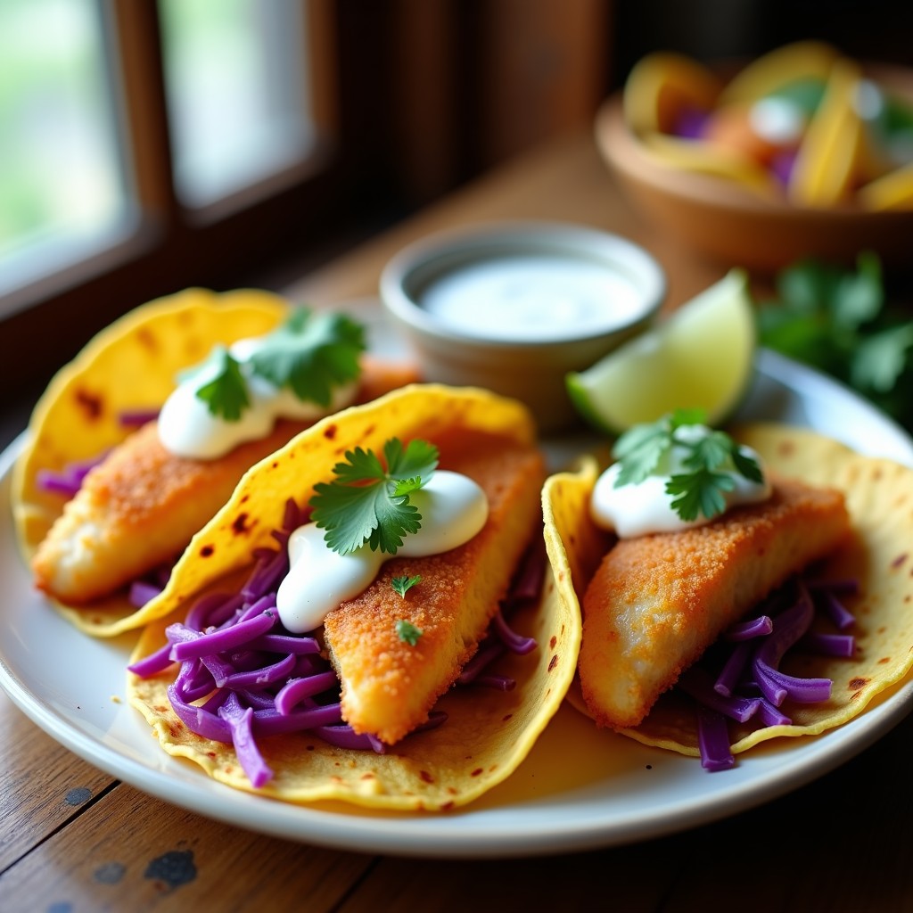 Tacos de pescado blanco rebozado en harina de garbanzo, dorados y crujientes, servidos en tortillas de maíz con repollo morado, zanahoria rallada y salsa de yogur, receta en airfryer sin gluten.