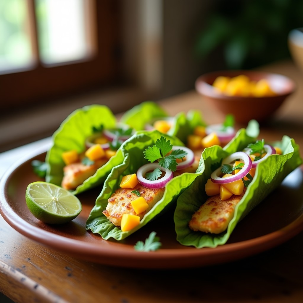 Tacos de pescado blanco envueltos en hojas de lechuza doradas, servidos en un plato de barro con relleno de mango, jalapeño y cebolla morada, acompañados de cilantro fresco y limón.
