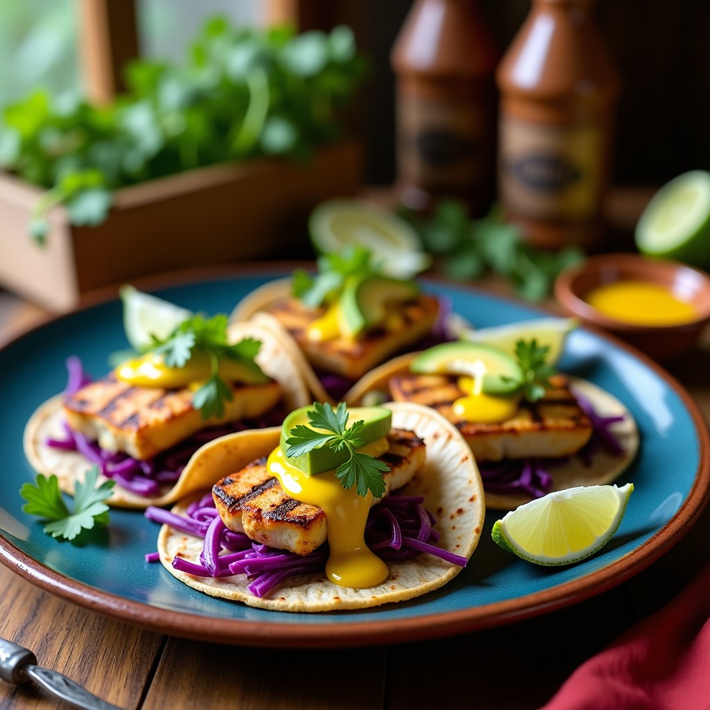 Plato con tacos de pescado a la parrilla sobre tortillas de maíz azul, cubiertos con salsa de maracuyá amarilla, cebolla morada, pimiento rojo y cilantro fresco. Receta mexicana fresca y ligera.