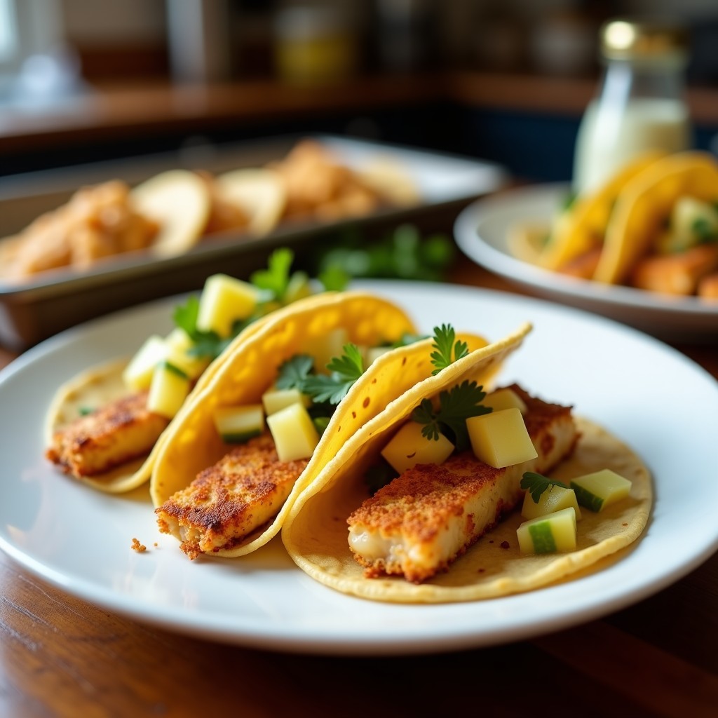 Tacos mexicanos de pescado con rebozado dorado de coco rallado, servidos en tortillas de maíz con salsa fresca de piña y decorados con cilantro, sobre un plato de barro rústico.