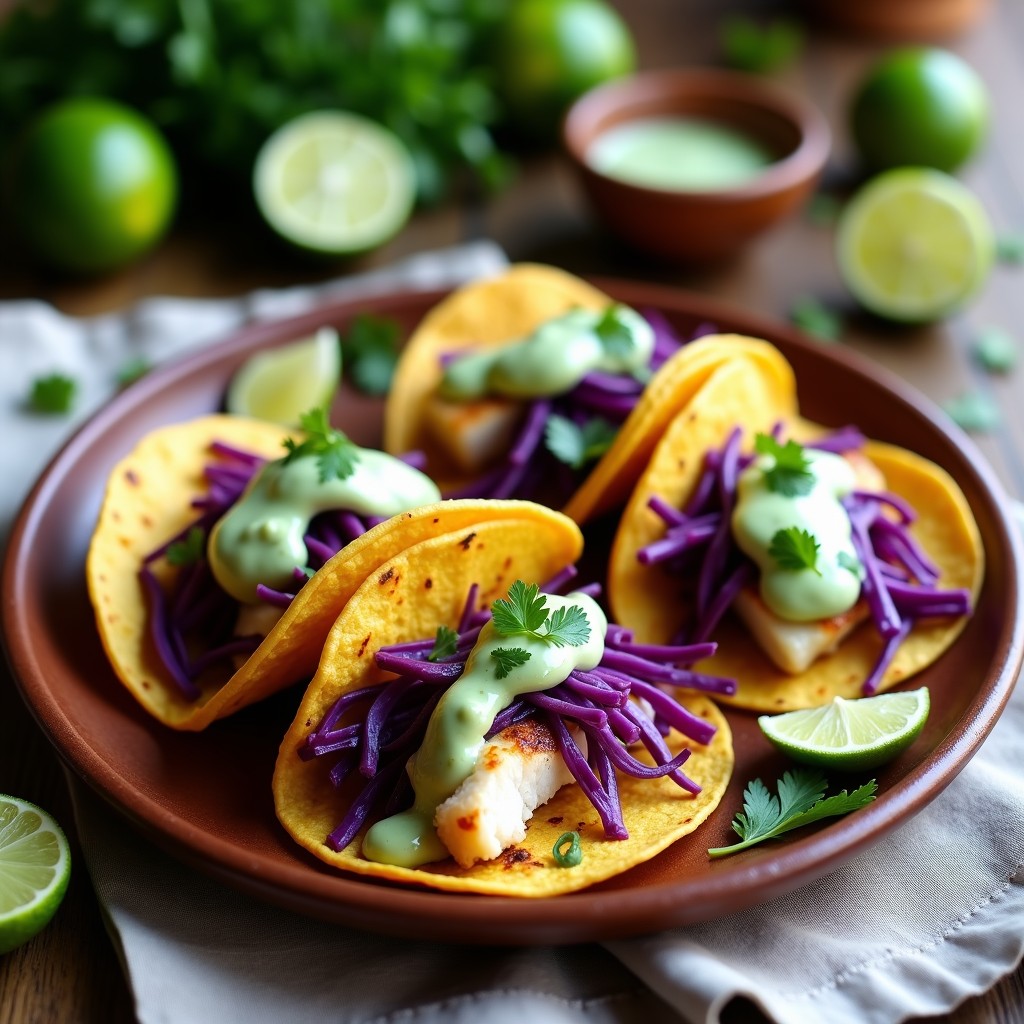 Tacos de Pescado Blanco con Repollo Morado y Salsa de Lima: Receta Fresca y Sin Aire Frito