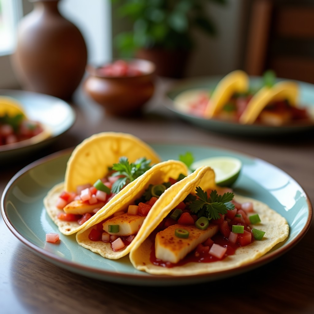 Plato de tacos de pescado dorado y crujiente rellenos de lechuga morada fresca, servidos con salsa de maracuyá amarilla vibrante y decorados con cilantro. Receta colombiana rápida y fresca.