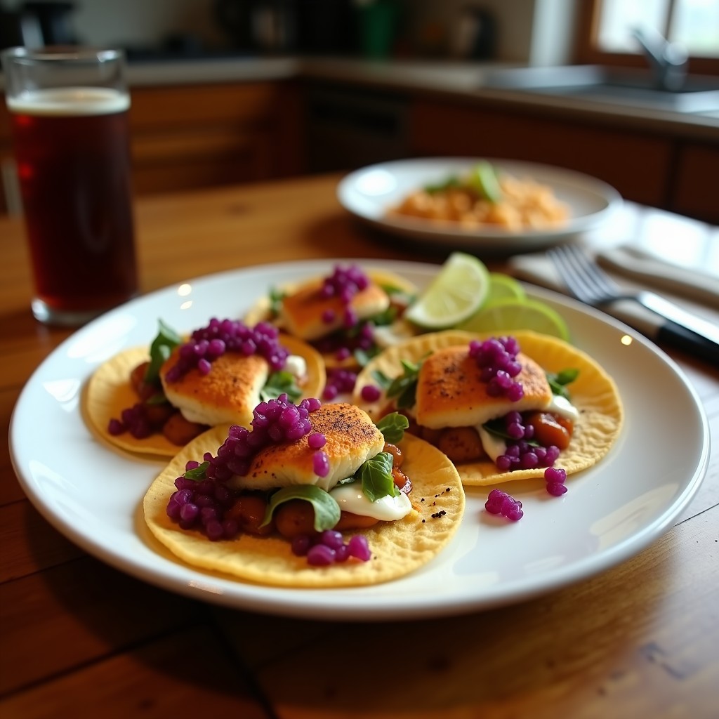 Tacos de pescado a la veracruzana en tortillas de maíz, con pescado desmenuzado en salsa roja de tomate, aceitunas y alcaparras, acompañados de repollo morado encurtido y cilantro fresco, servidos en un plato de barro rústico.