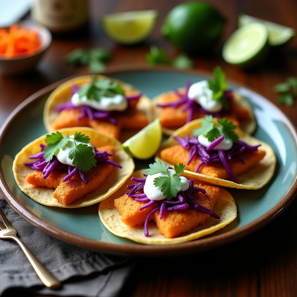 Tacos de pescado crujiente en airfryer con zanahoria encurtida morada, repollo morado y cilantro fresco sobre tortillas de maíz, servidos en un plato de barro rústico.