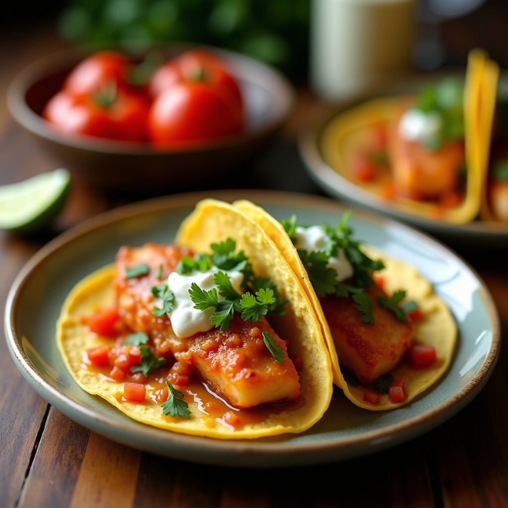 Tacos de pescado dorado con zanahoria encurtida morada y naranja, cilantro fresco sobre tortillas de maíz, receta yucateca tradicional.