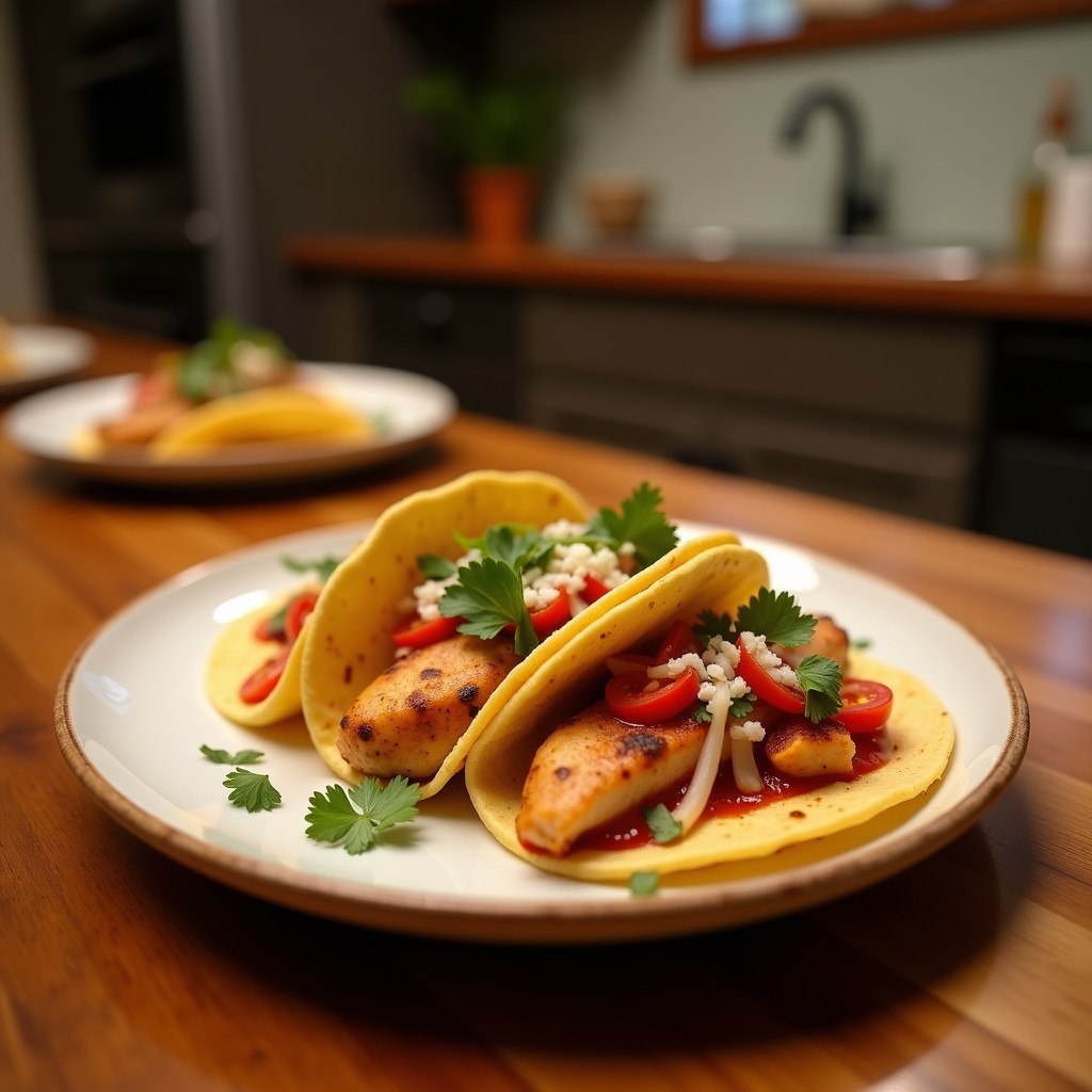 Plato con tacos de pescado empanizado dorado, zanahoria morada encurtida en juliana, crema agria y cilantro fresco sobre tortillas de maíz, receta mexicana rápida.