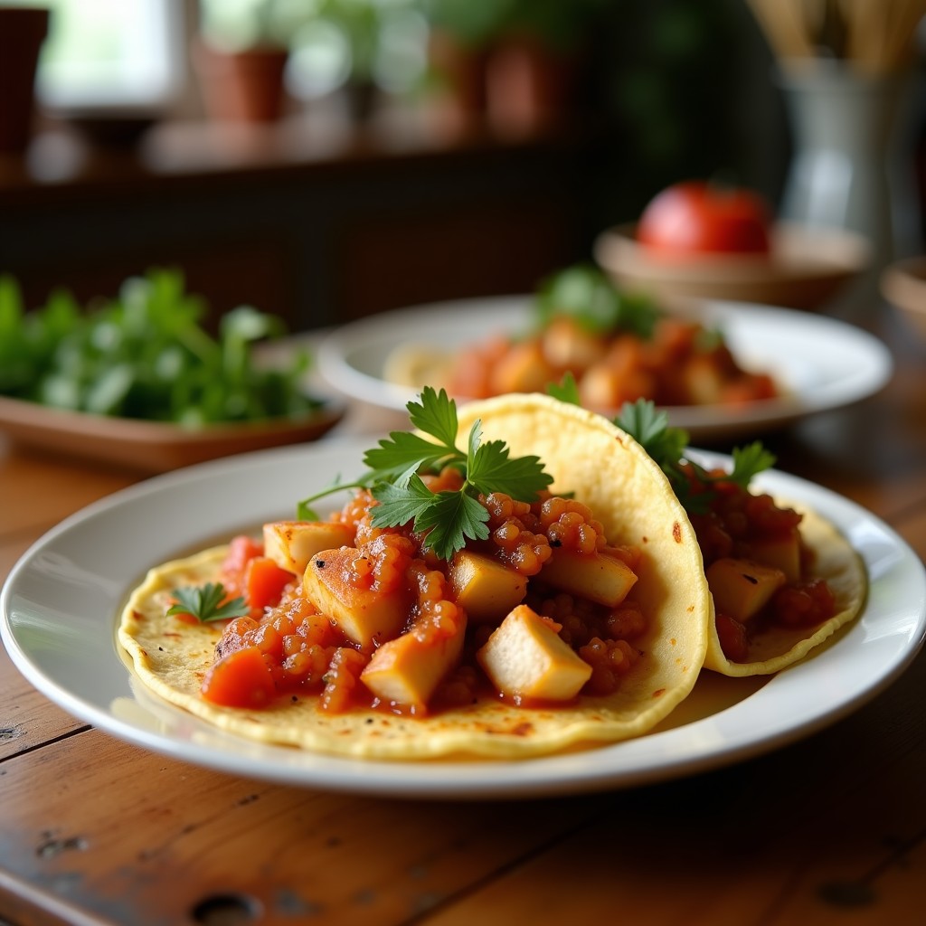 Plato de tacos de pescado dorado con zapote encurtido en tortillas de maíz azules, decorados con cilantro fresco y rodajas de lima, receta mexicana express.