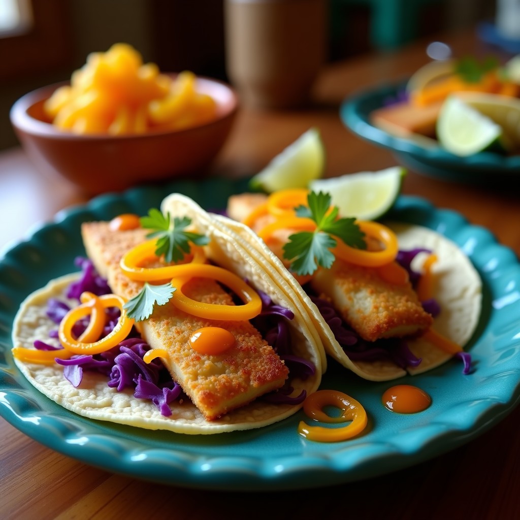 Plato de tacos de pescado frito crujiente sobre tortillas de maíz azul, acompañados de encurtido de zapote en tiras naranjas, lechuga morada y salsa de habanero, típico de Yucatán.