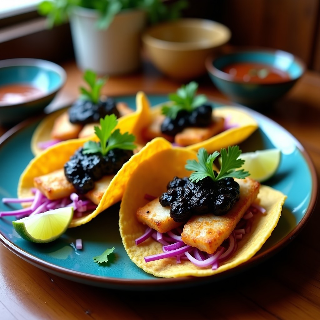 Plato de tacos abiertos de pescado crujiente con pulpa de zapote negro, lechuga morada, cebolla y cilantro sobre tortillas de maíz azules, acompañados de limón y salsa picante.