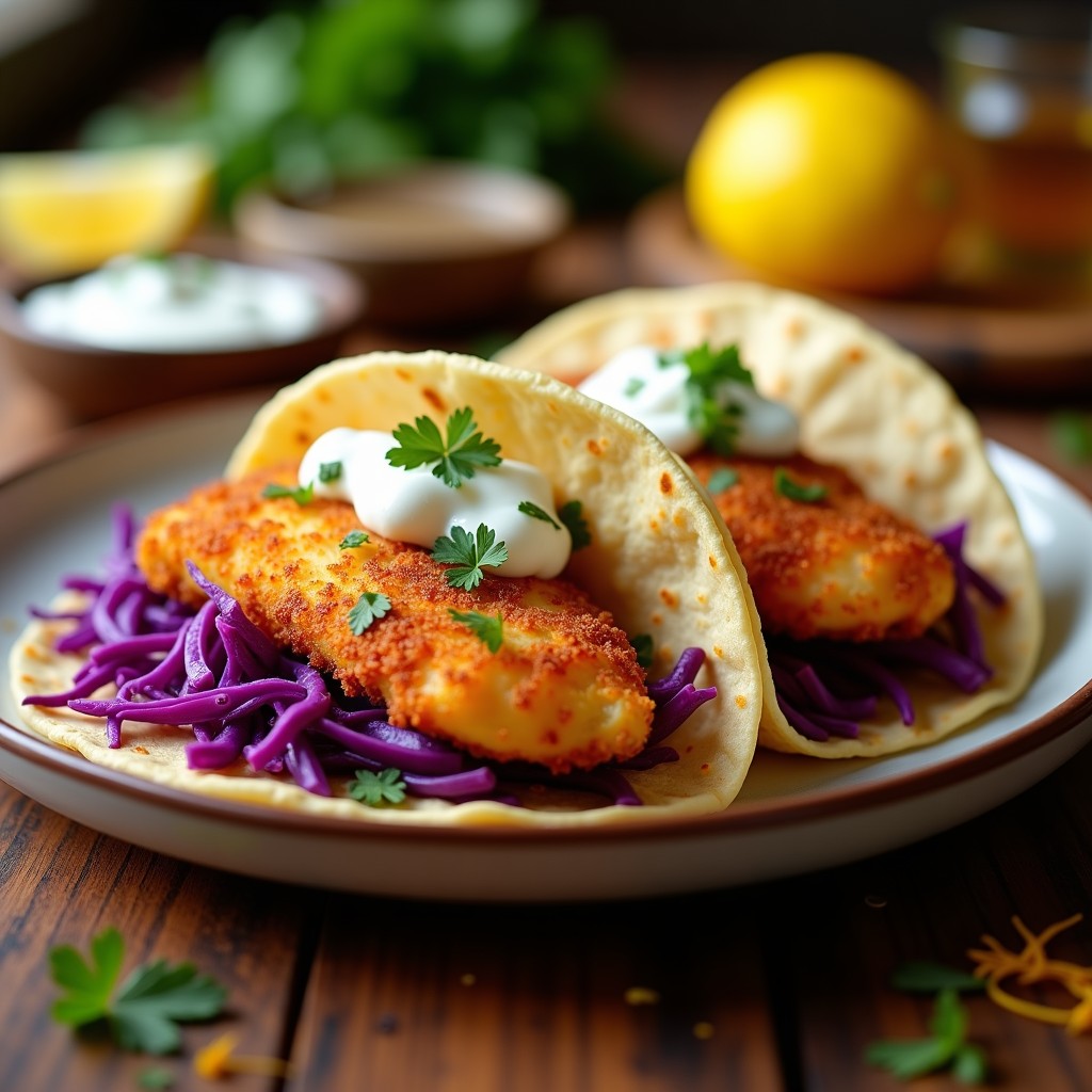 Tacos de pescado a la Zaragoza en airfryer, con filetes de merluza dorados y crujientes sobre tortillas de trigo, acompañados de lechuga morada, salsa de yogur griego y perejil fresco.