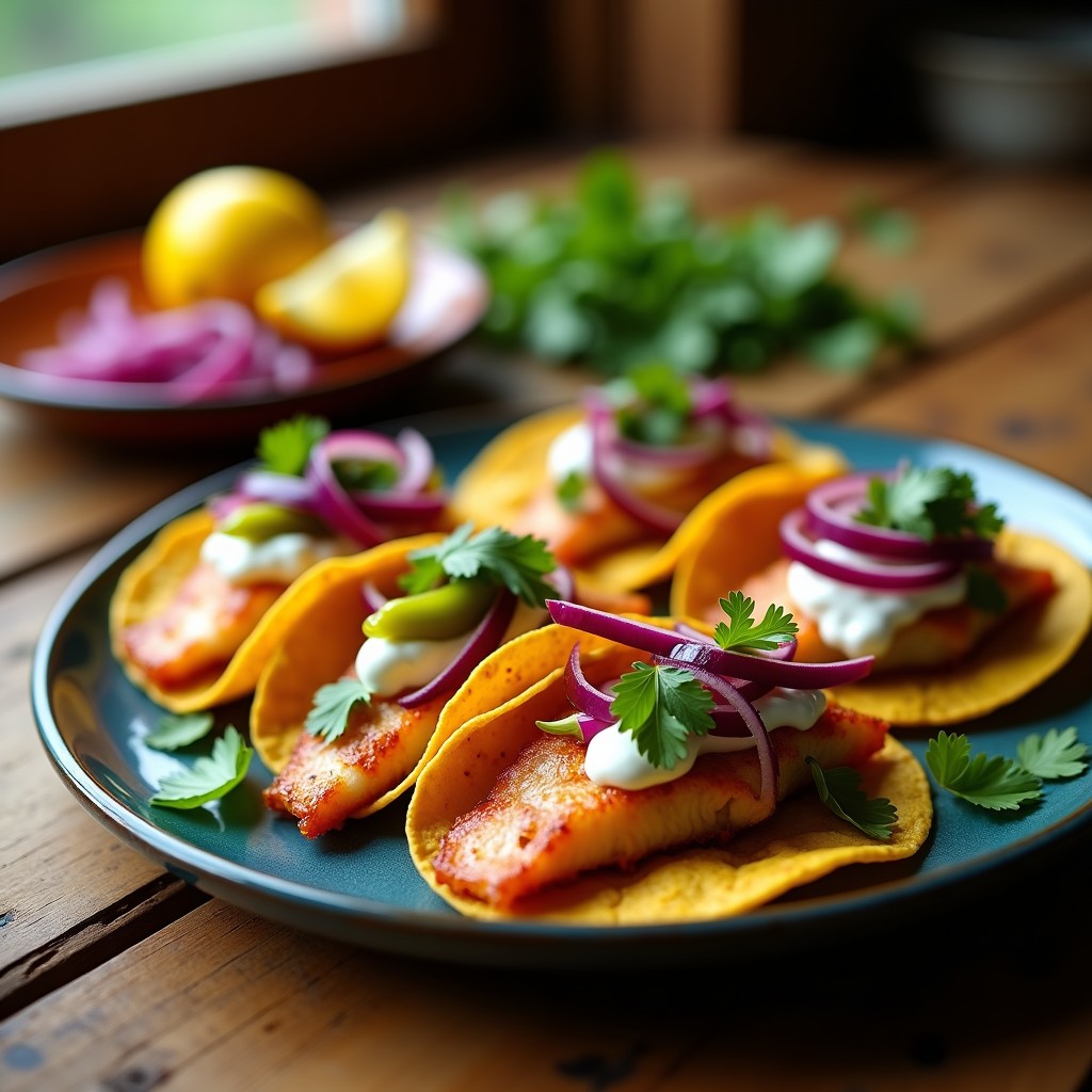 Plato de tacos de pescado a la zaragozana con filetes dorados de merluza, encurtidos de cebolla morada y pimiento verde, salsa de yogur y cilantro fresco sobre tortillas de maíz.